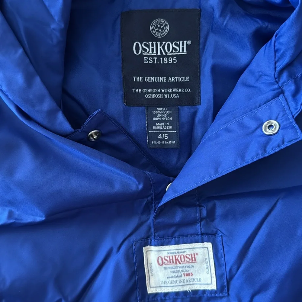 Oshkosh blue & yellow packable rain/wind hoodie pullover jacket size 4/5 nwt